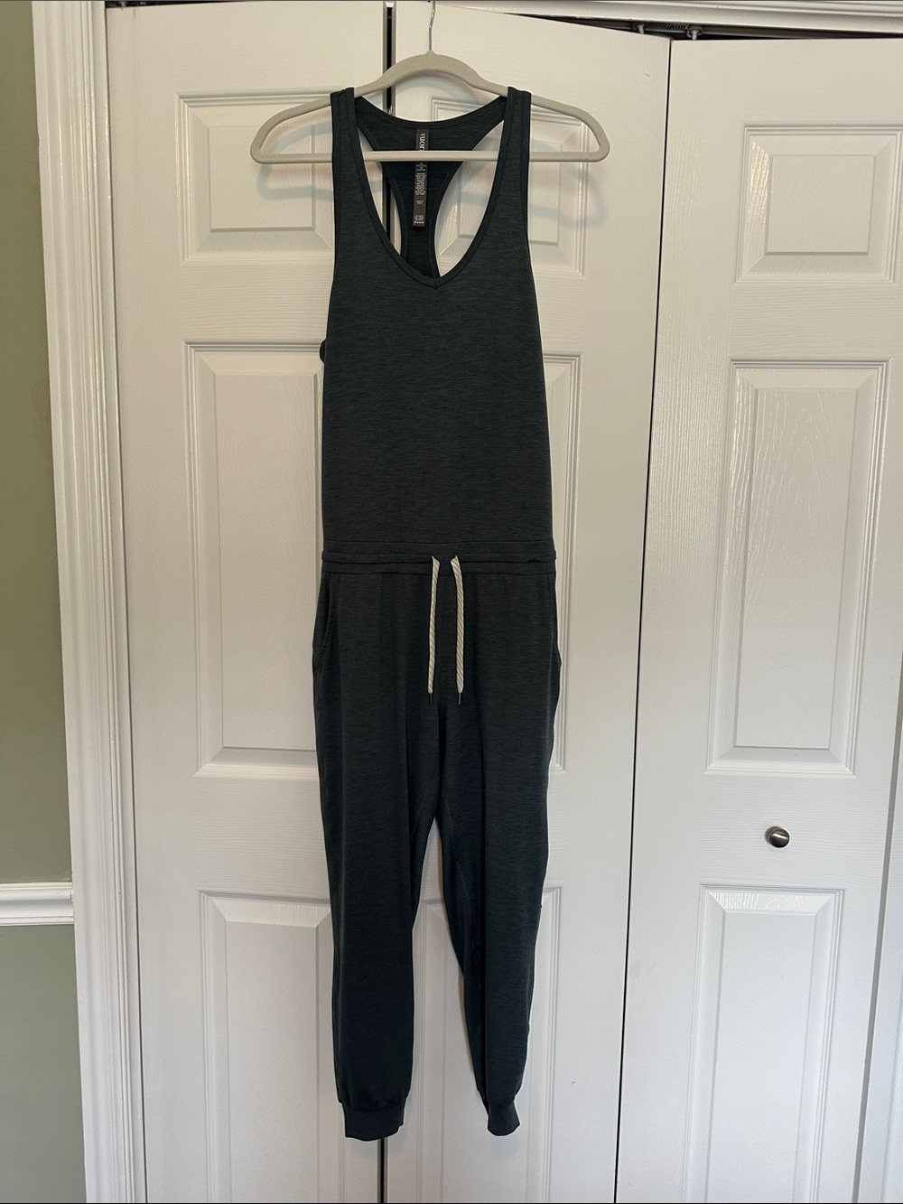 Women’s Racerback Charcoal grey/green Jumpsuit with Drawstring Waist XS